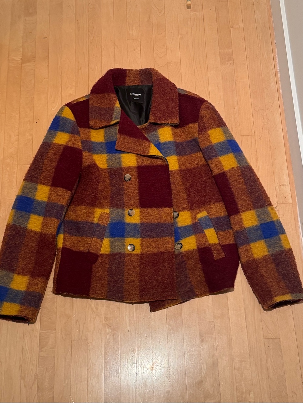 Checkered Wool-Blend Peacoat Jacket - Burgundy, Mustard & Blue